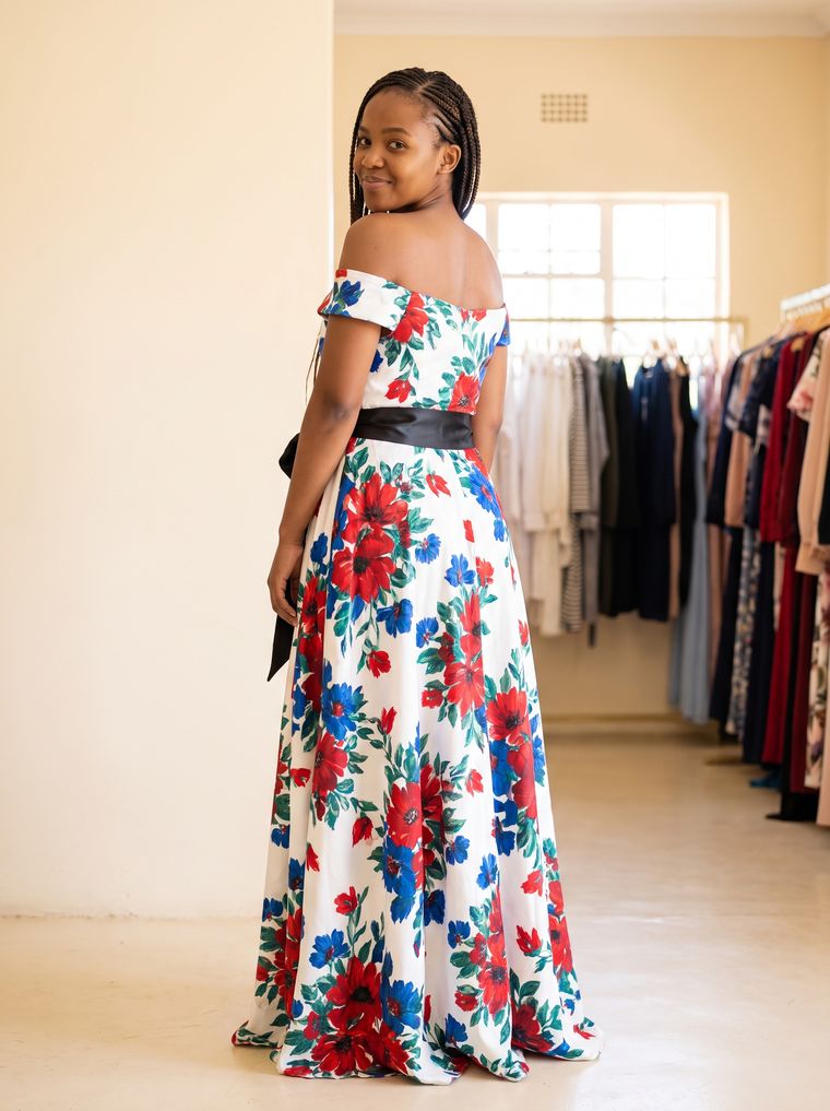 Back view of the floral evening gown